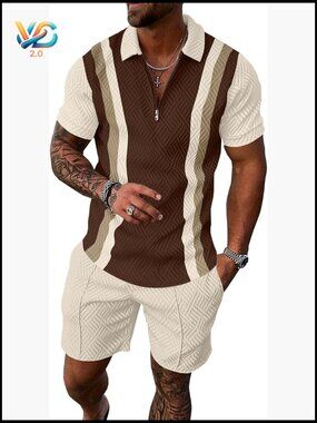 Men's 2 Pc Summer Track Suit Short Sleeve Zip Polo Shorts Set Casual